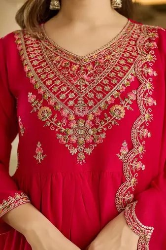 Women's vichitra silk sequins embroidered anarkali kurta pant with dupatta set