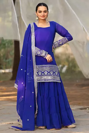 Women's georgette sequins embroidered kurta sharara with dupatta set