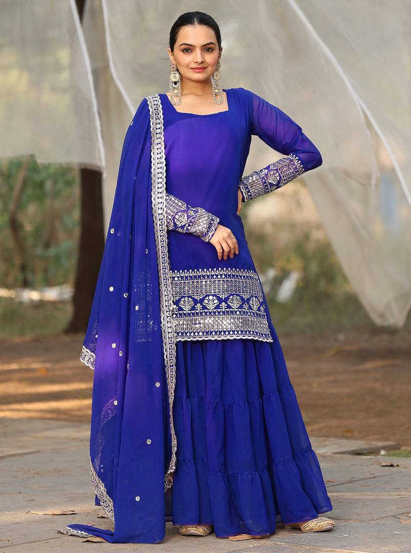Women's georgette sequins embroidered kurta sharara with dupatta set