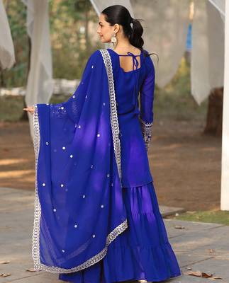 Women's georgette sequins embroidered kurta sharara with dupatta set 2