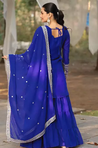 Women's georgette sequins embroidered kurta sharara with dupatta set