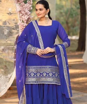 Women's georgette sequins embroidered kurta sharara with dupatta set 3