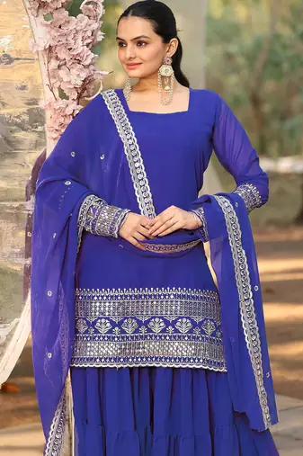Women's georgette sequins embroidered kurta sharara with dupatta set