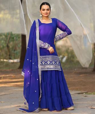 Women's georgette sequins embroidered kurta sharara with dupatta set 4