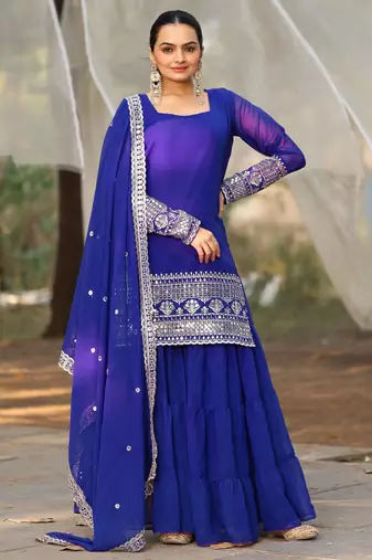 Women's georgette sequins embroidered kurta sharara with dupatta set
