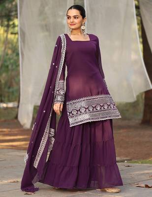 Women's georgette sequins embroidered kurta sharara with dupatta set 1