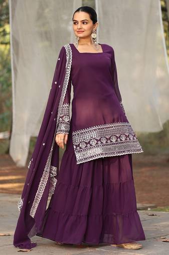 Women's georgette sequins embroidered kurta sharara with dupatta set