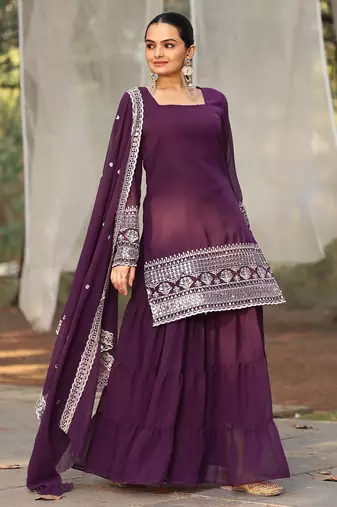 Women's georgette sequins embroidered kurta sharara with dupatta set