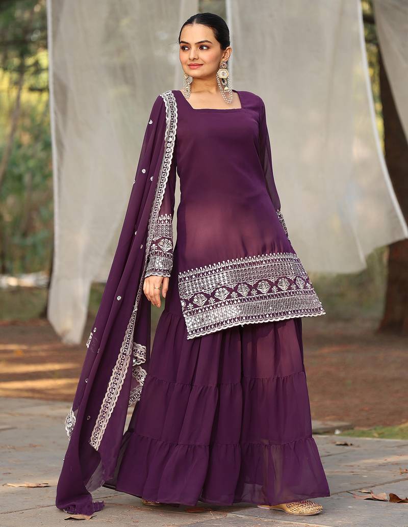 Women's georgette sequins embroidered kurta sharara with dupatta set