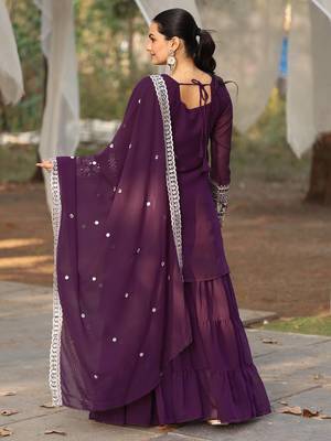 Women's georgette sequins embroidered kurta sharara with dupatta set 2