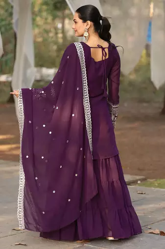 Women's georgette sequins embroidered kurta sharara with dupatta set