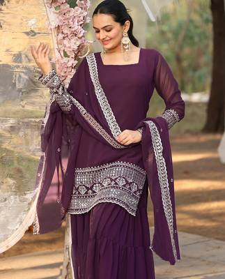 Women's georgette sequins embroidered kurta sharara with dupatta set 3