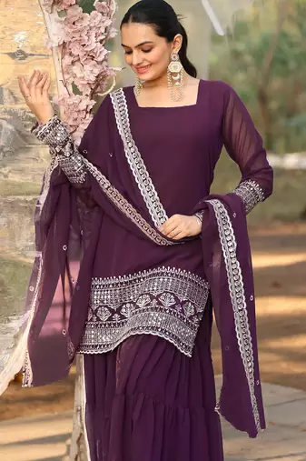 Women's georgette sequins embroidered kurta sharara with dupatta set