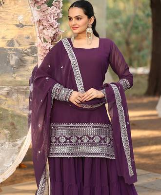 Women's georgette sequins embroidered kurta sharara with dupatta set 4
