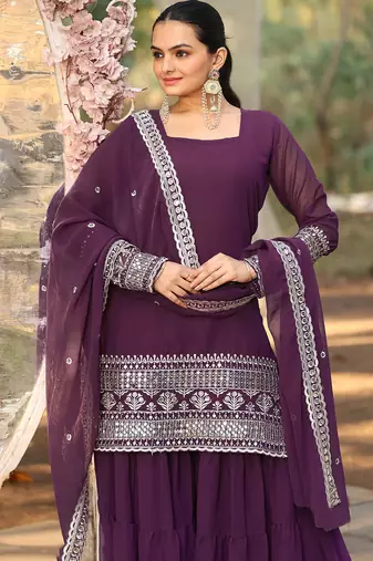 Women's georgette sequins embroidered kurta sharara with dupatta set