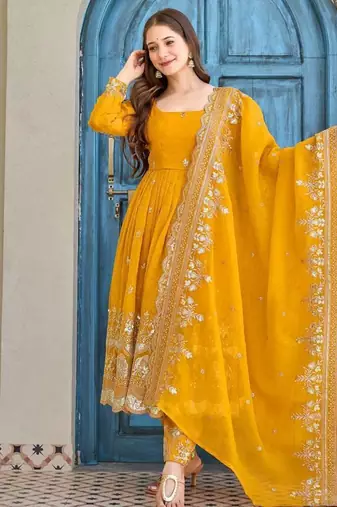 Yellow Embroidery Work Suit With Dupatta Wedding wear Gown Suit Set