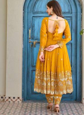 Yellow Embroidery Work Suit With Dupatta Wedding wear Gown Suit Set 3