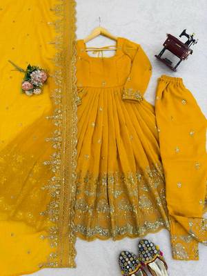 Yellow Embroidery Work Suit With Dupatta Wedding wear Gown Suit Set 4