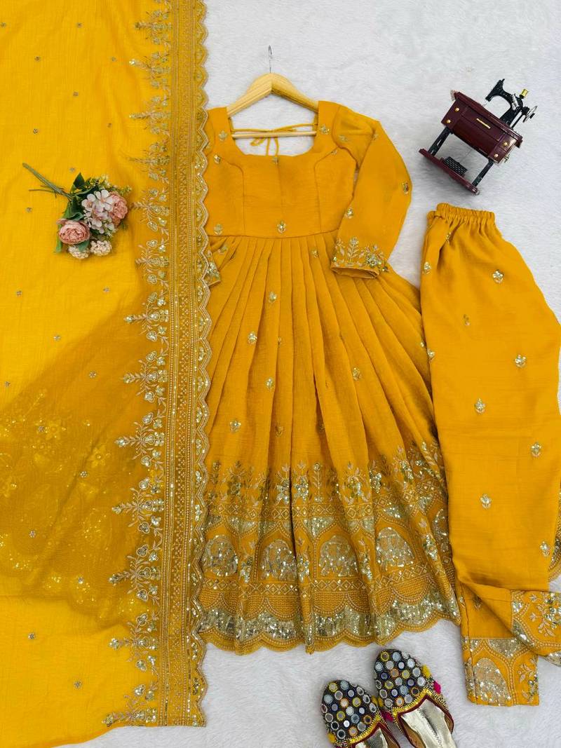 Yellow Embroidery Work Suit With Dupatta Wedding wear Gown Suit Set