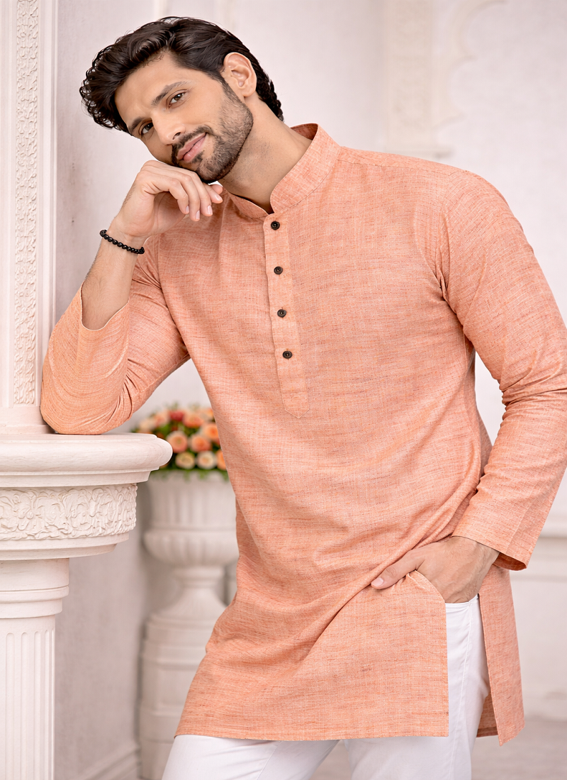 yellow color woven work khadi linen kurta payjama set