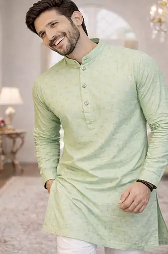 mint color jaquard printed kurta payjama set