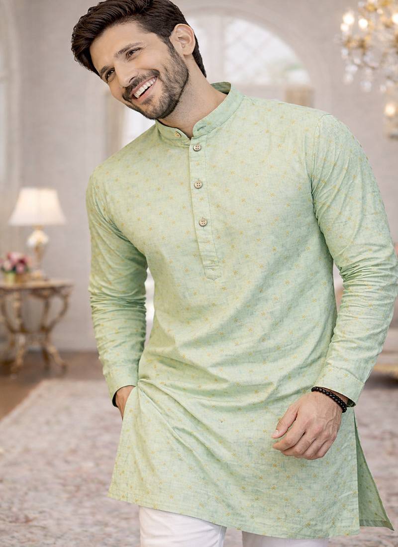 mint color jaquard printed kurta payjama set