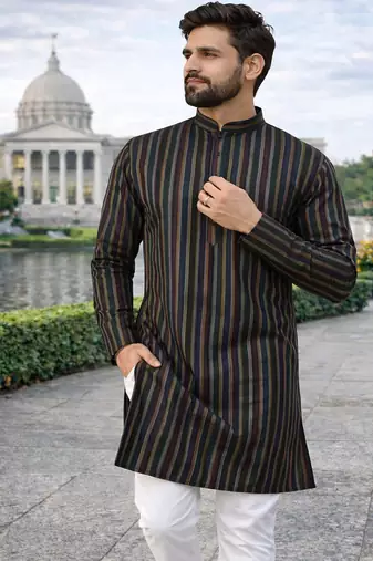 black color lilen jaquard kurta payjama set 