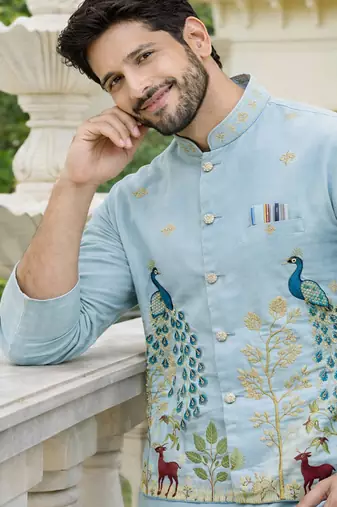 Blue color embroidery work satin kurta koti set