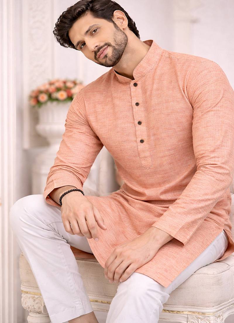 yellow color woven work khadi linen kurta payjama set