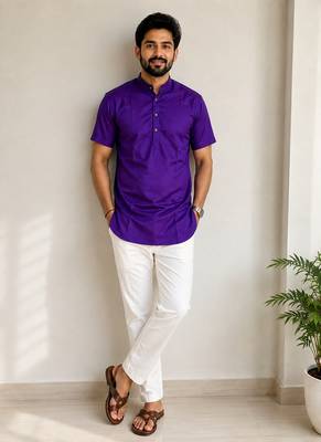 Navy Blue Zari Weaving Dot Cottan Silk Short Kurta 1