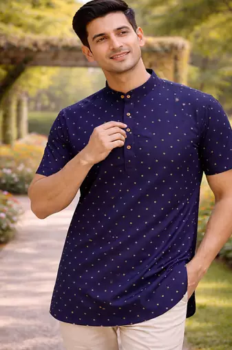 Navy blue color zari weaving dot work cottan silk butta short kurta