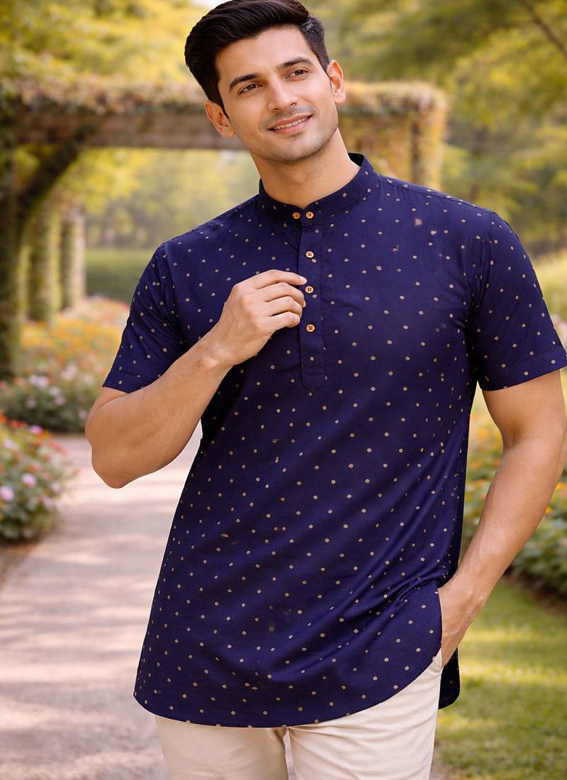 Navy blue color zari weaving dot work cottan silk butta short kurta