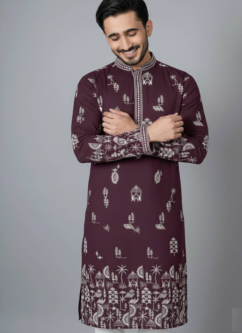 purple color printed chanderi silk kurta payjama set