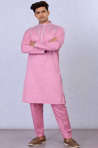 light pink color embroidery work silk kurta payjama set