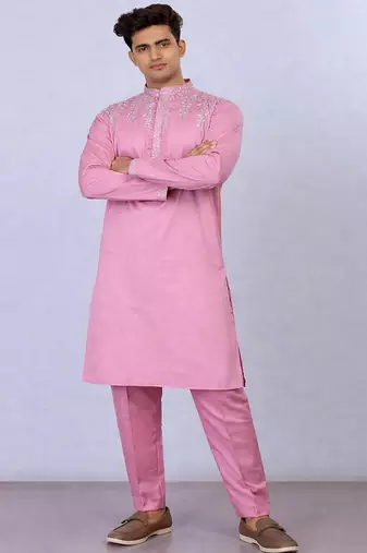 light pink color embroidery work silk kurta payjama set