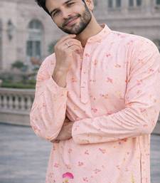 pink color embroidery and print work rayon kurta payjama set