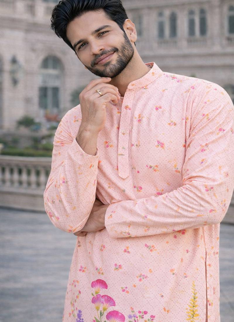 pink color embroidery and print work rayon kurta payjama set