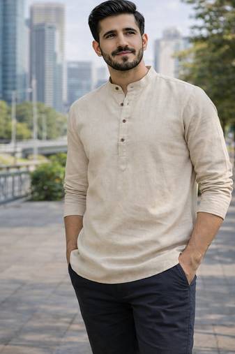 Off white color khadi and lilen with woodan batton work short kurta