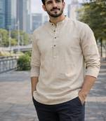 Off white color khadi and lilen with woodan batton work short kurta