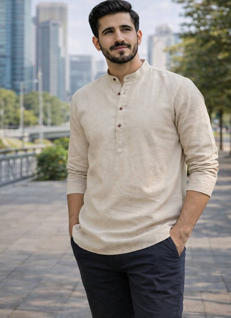 Off white color khadi and lilen with woodan batton work short kurta