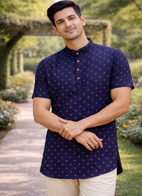 Navy blue color zari weaving dot work cottan silk butta short kurta 2