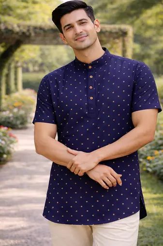 Navy blue color zari weaving dot work cottan silk butta short kurta