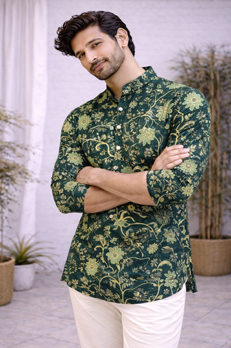 Green color printed cotton short kurta payjama set