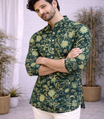 Green color printed cotton short kurta payjama set