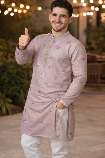 off white bird design khadi silk kurta payjama set