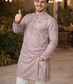 off white bird design khadi silk kurta payjama set