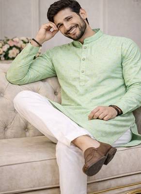 mint color jaquard printed kurta payjama set 3