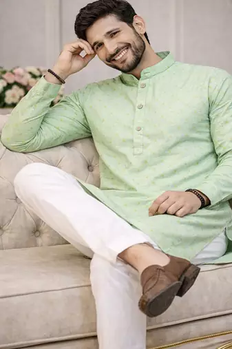 mint color jaquard printed kurta payjama set