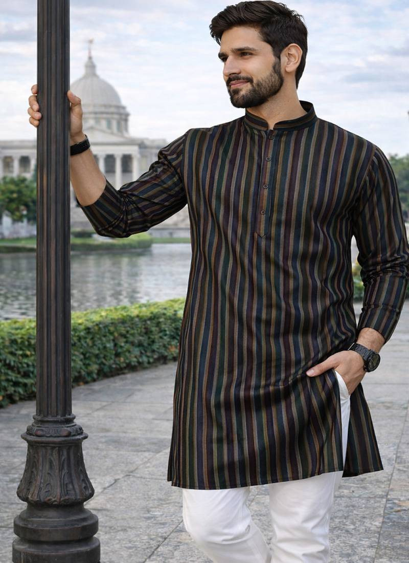 black color lilen jaquard kurta payjama set 