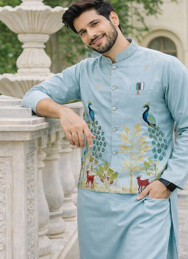 Blue color embroidery work satin kurta koti set